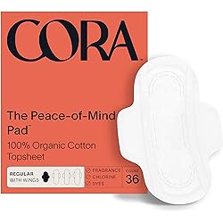 Cora Organic Pads | Ultra Thin Period Pads with Wings | Regular Absorbency | Ultra-Absorbent Sanitary Pads for Women | 100% Organic Cotton Topsheet 36 Count