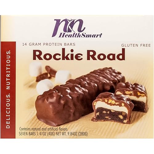 HealthSmart Rockie Road Protein Bar, 14g Protein, Low Calorie, Low Fat, Low Sugar, Gluten Free, Aspartame Free, Vegetarian, 7 Count Box