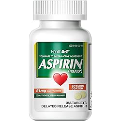 HealthA2Z® Aspirin 81 mg | 365 Tablets | Low Strength | Enteric Coated | Pain Relief | Reduces Minor Aches Muscle Pain & Cramps | Fever Reducer | Compared to Bayer Active Ingredient
