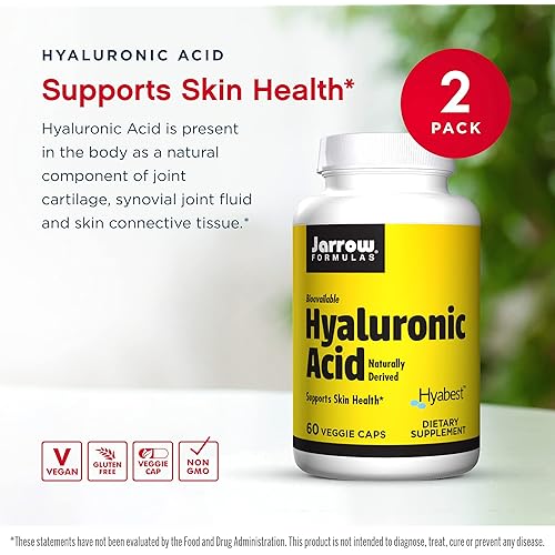 Jarrow Formulas Hyaluronic Acid 50 mg - 60 Veggie Caps, Pack of 2 - Bioavailable & Naturally Derived - Supports Skin Health - Pure Hyaluronic Acid - 60 Total Servings