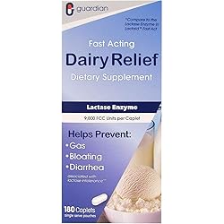 Guardian Dairy Relief Fast Acting Lactase, 180 Caplets, 9000 FCC Maximum Strength, Lactose Intolerance Pills, Lactase Enzyme 180 CT