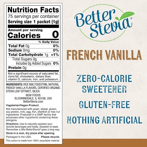 NOW Foods, BetterStevia French Vanilla Granulated Packets Zero-Calorie Sweetener, Keto Friendly, Suitable for Diabetics, No Erythritol 75 Count