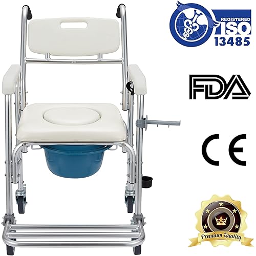 HABUTWAY 4 in 1 Bedside Commode Chair, Transport Shower Wheelchair Toilet Rolling Transport Chair with 4 Brakes Casters,Tissue Holder,Crutch Holder for Elderly Injured and Disabled