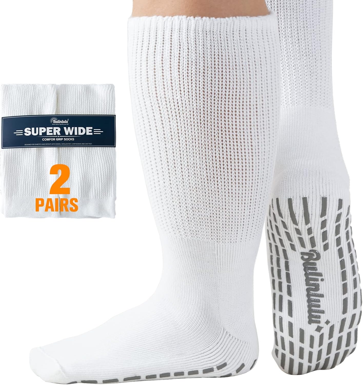 Bulinlulu 2 Pairs Extra Wide Socks for Lymphedema Drainage - Viasox Diabetic Hospital Socks for Mens 10-13 Extra Wide for Swollen Feet, Non Skid Edema Socks, Bariatric Socks Women Cast Sock-2 White