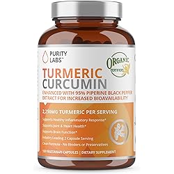 Purity Labs Organic Turmeric Curcumin - Vegan Supplements for Heart, Brain, and Skin Health - Turmeric Plus Black Pepper - 120 Capsules