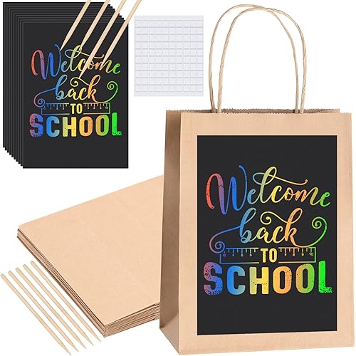 10 Pcs Gift Bags Wrapping DIY Set Including 10 Pcs Gift Bags with Handles Kraft Bags Gift Wrap Bags 10 Pcs Scratch Paper Panel 10 Pcs Sticks 100 Pcs Adhesive Dots for Wedding Birthday Party