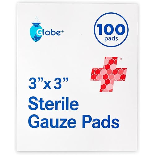 Globe 3’’ x 3’’ Advanced Sterile Gauze Pads for Wound Dressing| 100-Pack, Individually Packed | 12-Ply Cotton & Highly Absorbent| Gauze Sponge-Pads for Wound Care & Home First Aid Kits 3 x 3