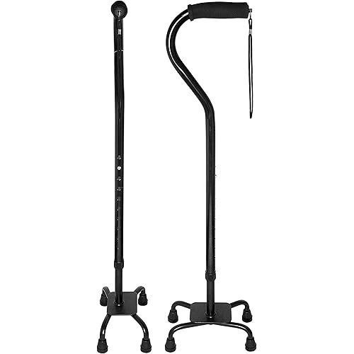 RMS Quad Cane - Adjustable Walking Cane with 4-Pronged Base for Extra Stability - Foam Padded Offset Handle for Soft Grip - Works for Right or Left Handed Men or Women Black