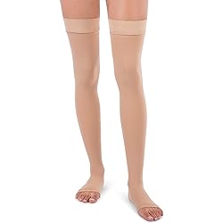 Jomi Compression Stockings For Women 20-30 mmHg Open Toe, Made in USA, Graduated Thigh High Compression Socks Women, Premier Opaque Support Stockings For Men, Silicone Dot Top Band, 241 Large, Beige