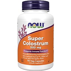 NOW Supplements, Super Colostrum 500 mg, Naturally occurring Immunoglobulins with ImmunEnhancer™, Olive Leaf Extract and Astragalus Root, 90 Veg Capsules