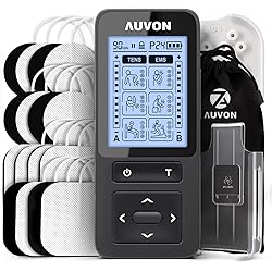 AUVON 24 Modes TENS Unit Muscle Stimulator for Pain Relief, Rechargeable TENS Machine with Powerful Lasting Battery Life, Continuous-Time Setting, Belt Clip, Dust-Proof Bag, Cable Tie and 16 Pads