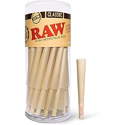 RAW Cones Classic 1-14 Size | 50 Pack | Natural Pre Rolled Rolling Paper with Tips & Packing Tubes Included