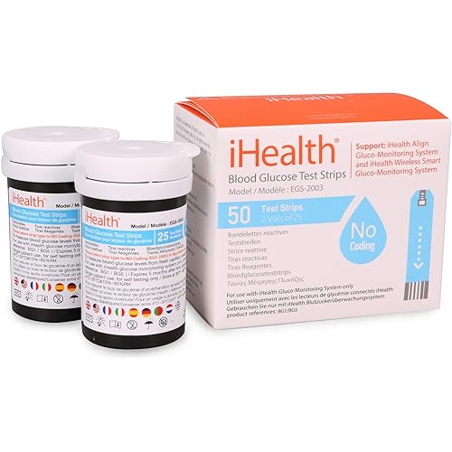 iHealth Blood Glucose Test Strips 50 Count, No Coding Blood Sugar Test, Eligible for FSA Reimbursement, Precision Sugar Measurement for Diabetics, Strips Work Only in iHealth Glucose Meters