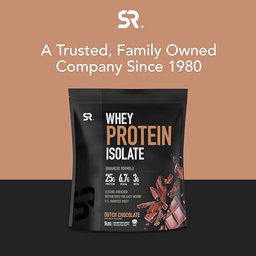 Sports Research Whey Protein Isolate Powder 5lb - Dutch Chocolate | Leucine-Enriched Amino Acids with 25g of Protein | Gluten Free, Non-GMO Verified & Instantized for Easy Mixing 56 Servings