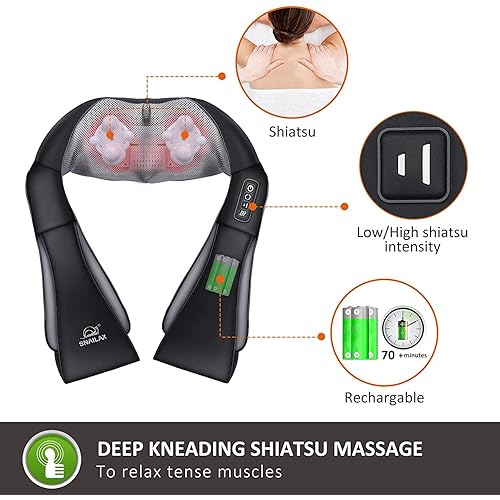 Snailax Cordless Neck Back Massager - Shiatsu Neck and Shoulder Massager with Heat, Portable Massagers for Neck and Back, Lumbar, Foot Electric Massage Pillow