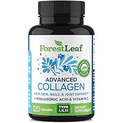 Forest Leaf - Collagen Pills with Hyaluronic Acid & Vitamin C - Reduce Wrinkles, Tighten Skin, Boost Hair, Skin, Nails & Joint Health - Hydrolyzed Collagen Peptides Supplement - 120 Capsules