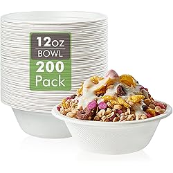 Vplus 200 Pack 12 OZ Paper Bowls, Disposable Compostable Bowls Bulk, Eco-friendly Bagasse Bowls, Heavy-duty Bowls Perfect for Milk Cereals, Snacks, Salads