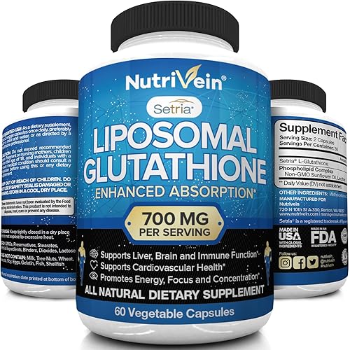 Nutrivein Liposomal Glutathione Setria® 700mg - 60 Capsules - Pure Reduced Glutathione - Master Antioxidant for Optimal Cell Protection, Liver Detox, Cardiovascular Health, Brain and Immune Function