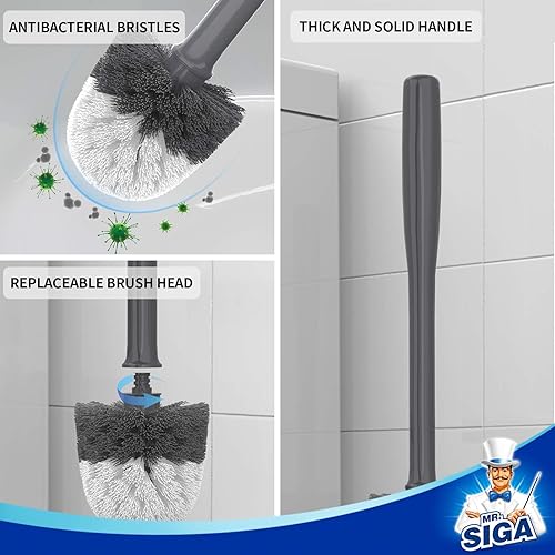 MR.SIGA Toilet Bowl Brush and Holder, Premium Quality, with Solid Handle and Durable Bristles for Bathroom Cleaning, Gray, 1 Pack