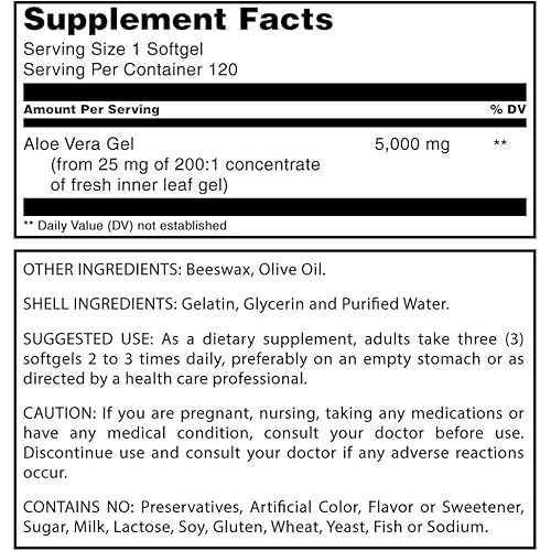 Herbal Secrets Aloe Vera Natural Dietary Supplements, 120 Softgels, 5000 Mg