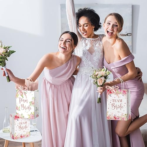 32 Pcs Hen Party Bags Set Team Bride Gift Bags 2 Patterns Rose Gold Floral Bridesmaids Gifts Bags with Handle Rose Gold Tissue Paper and Ribbon for Hen Party Wedding Bridal Bachelorette Party Favour