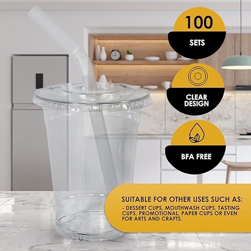 PAMI Clear 16oz Large Plastic Cups With Lids & Straws [Pack of 100] - PET Disposable To-Go Coffee Cups Bulk For Cold Drinks- Single-Use, BPA-Free Cups For Iced Tea, Smoothies, Punch, Cocktails