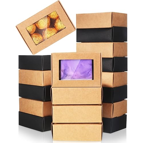 40 Pieces Paper Soap Packaging Boxes Mini Kraft Paper Box with Window Soap Packaging Boxes for Homemade Soap Party Favor Candy Treat Bakery Cookies Jewelry, Black, Brown, 3.34 x 2.36 x 1.18 Inches