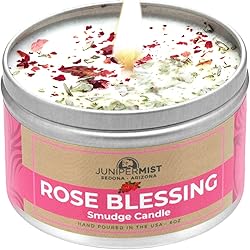 Rose Blessing Smudge Candle for Cleansing Negative Energy Handmade in Sedona with Soy Wax, Essential Oils, Real Rose Petals and Sage Leaf Smokeless Alternative to Sage Smudge Sticks and Incense