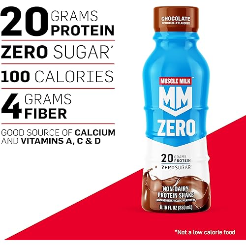 Muscle Milk Zero Protein Shake, Vanilla Crème, 11.16 Fl Oz Bottle, 12 Pack, 20g Protein, Zero Sugar, 100 Calories, Calcium, Vitamins A, C & D, 4g Fiber, Energizing Snack, Workout Recovery, Packaging May Vary