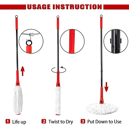 Self Wringing Mop with 2 Washable Heads, JEHONN Wet Mop for Floor Cleaning Heavy Duty, 51 Inch Long Handle Twist Mop for Hardwood Vinyl Tile Marble Laminate Home Office Kitchen Red