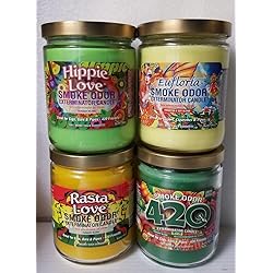 Smoke Odor Exterminator 13 oz Jar Candles Hippie Love Assortment 6 Includes Hippie Love, 420, Rasta Love & Eufloria