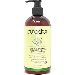 PURA D'OR Organic Aloe Vera Gel Lemongrass 16oz All Natural - ZERO Artificial Preservatives - Deeply Hydrating & Moisturizing - Sunburn, Bug Bites, Rashes, Small Cuts, Eczema Relief - Skin & Hair