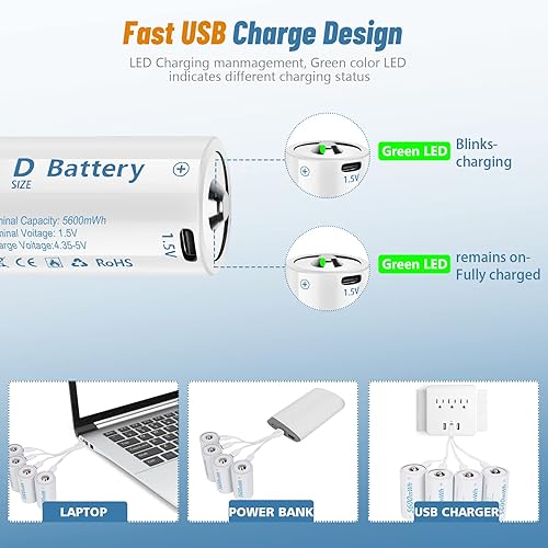 winbasic Rechargeable Lithium D Batteries with 4 in 1 USB-C Charging Cable,1.5V D Size Cell Battery 5600mWh for Flashlight Toys & floodlight 4 Pack