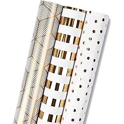 MAYPLUSS Wrapping Paper Roll - Mini Roll - 17 inch X 120 inch Per roll - White & Gold Foil Design 42.3 sq.ft.TTL