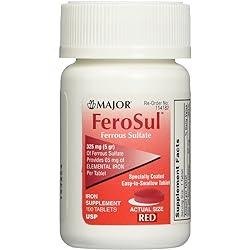 Major FeroSul Ferrous Sulfate 325mg, 100 Iron Supplement Tablets each Value Pack of 3