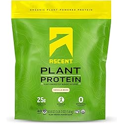 Ascent Organic Plant Based Protein Powder - Non Dairy Vegan Protein, Zero Artificial Ingredients, Soy & Gluten Free, No Added Sugar, 4g BCAA, 2g Leucine - Vanilla, 40 Servings