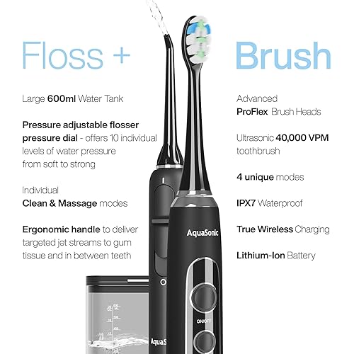 AquaSonic Home Dental Center PRO – Complete Home Oral Care – Brush & Floss – Ultrasonic Electric Toothbrush & Water Flosser – Whiter Teeth & Healthier Gums – Black Series Pro Oral Irrigator