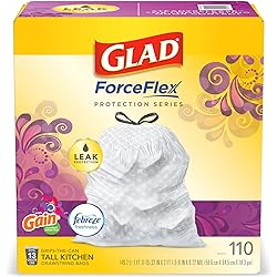 GLAD ForceFlex Tall Kitchen Drawstring Trash Bags, 13 Gallon White Trash Bag for Kitchen Trash Can, Gain Moonlight Breeze with Febreze Freshness and Leak Protection, 110 Count Package May Vary