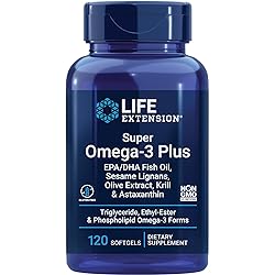 Life Extension Super Omega-3 Plus EPADHA Fish Oil, Sesame Lignans, Olive Extract, Krill & Astaxanthin - Heart, Brain & Joint Health Support - Gluten-Free, Non-GMO - 120 Softgels