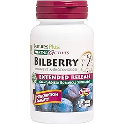 NaturesPlus Herbal Actives Bilberry - 100 mg, 25% Anthocyanosides - Extended Release - 30 Vegan Tablets 30 Servings
