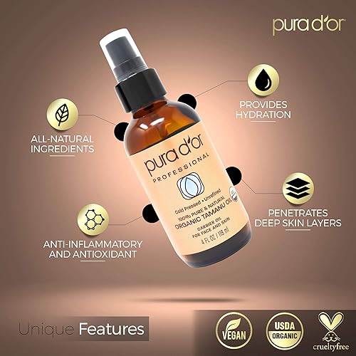 PURA D’OR Tamanu Oil 4oz 118mL USDA Organic Certified 100% Pure Natural Hexane Free Premium Grade Moisturizer - Helps Reduce Appearance of Scars from Psoriasis, Eczema & Acne Packaging may vary
