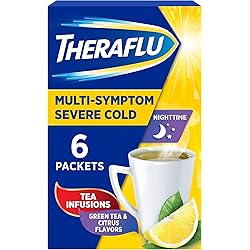 Theraflu Nighttime Multi-Symptom Severe Cold Hot Liquid Powder Green Tea and Citrus Flavors Box, 6 Count