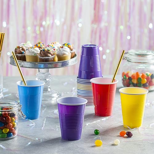Disposable Party Plastic Cups [50 Pack - 9 oz.] Assorted Colors Drinking Cups