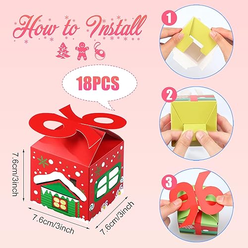 3D Christmas Goody Gift Boxes Treat Boxes Cookie Boxes Small Gift Boxes with Bows Xmas Goodie Paper Boxes for Xmas Holiday School Classroom, Christmas Candy Supplies, 3 x 3 x 3 Inch, 6 Styles