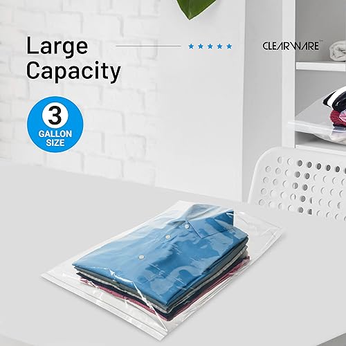 Clearware 12 Large Plastic Bags With Zipper Top - 3 Gallon Bags 16 x 18, Extra Large Storage Bags for Clothes, Travel, Moving, Storage, Large Reusable freezer bags, BPA-Free, 2-mil Thick Clear Plastic Bags