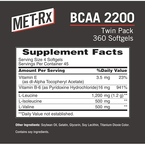 MET-Rx BCAA 2200 Amino Acid Supplement, Supports Muscle Recovery, 180 Softgels, 2 Pack 360 Total Count