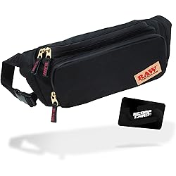 RAW X Rolling Papers Belt Sling Bag - in Color Black with Removable Foil Pouch and Multiple Compartments Plus a Hidden Stash Area Discreetly Tucked Away - Sized at 5.5'' x 14.5'' x 6.5'&#39