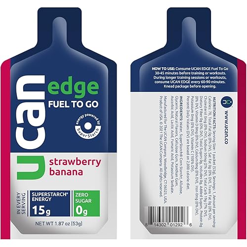 UCAN Edge Energy Gel, Strawberry Banana Flavor 12, 2 Ounce Packets, Endurance Supplements for Running, Training, and Cycling, Sugar-Free, Vegan, Keto