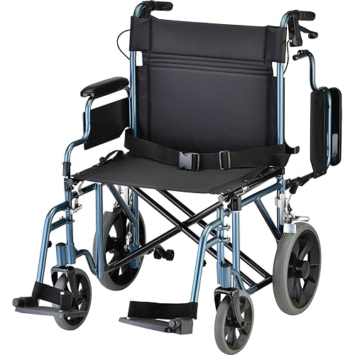 NOVA Heavy Duty Bariatric Transport Chair with 400 lb. Weight Capacity, 22” Extra-Wide Seat with Locking Hand Brakes, Flip Up Arms for Easy Transfer, Anti-Tippers, 12” Rear Wheels, Color Blue