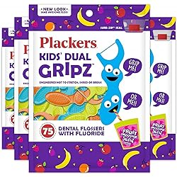 Plackers Kids Dual Gripz Flossers with Fluoride, Grip Me Handle, Fruit Smoothie Swirl Flavor, BPA Free, Colorful Floss Picks for Kids of All Ages, 75 Count Pack of 4